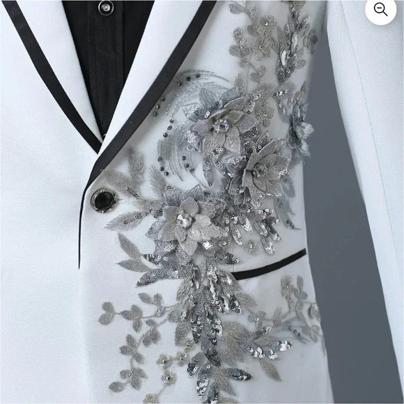 White Suit Set Floral Embellished Occasion Prom Party Costume Tuxedo‎ XLarge NEW - Picture 3 of 11